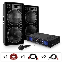 DJ-27 PA-Komplett-SET / lautstarkes Musikanlage mit 2000 Watt PA-Boxen & Verstärker inkl. Kabel-Set + Mikrofon (für bis zu 250 Personen, USB/SD-Slot für MP3-Datenträger,4x 30cm Subwoofer) -
