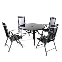 5er Set Sitzgruppe mit Glastisch Ø 120 cm Klappstuhl schwarz Gartengarnitur Gartenmöbel mit Schirmloch witterungsbeständig pflegeleicht Stahlrahmen klappbar verstellbar -