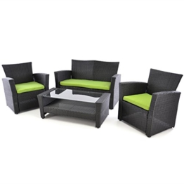 Rattan Set 4tlg Tisch mit 2 Sessel und 1 Sofa schwarz Polster grün Rattangarnitur Sitzgruppe Füße höhenverstellbar Glasplatte Set 4-sitzer 4-teilig -